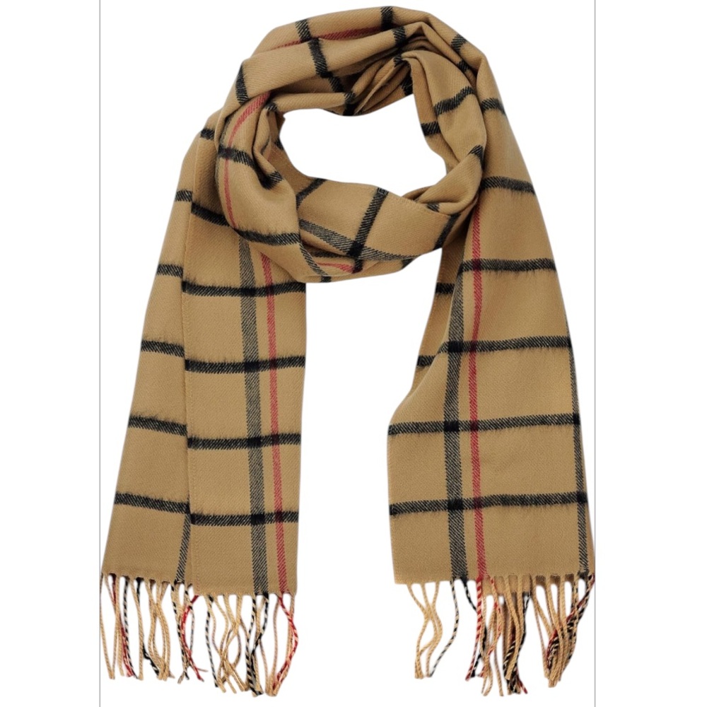 D&Y Softer Than Cashmere Plaid Tartan Camel Black Red Fringed Scarf Soft Acrylic